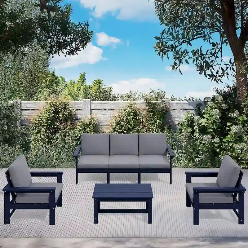 Canapé d'angle et table de jardin en PEHD, coussins déhoussables inclus
