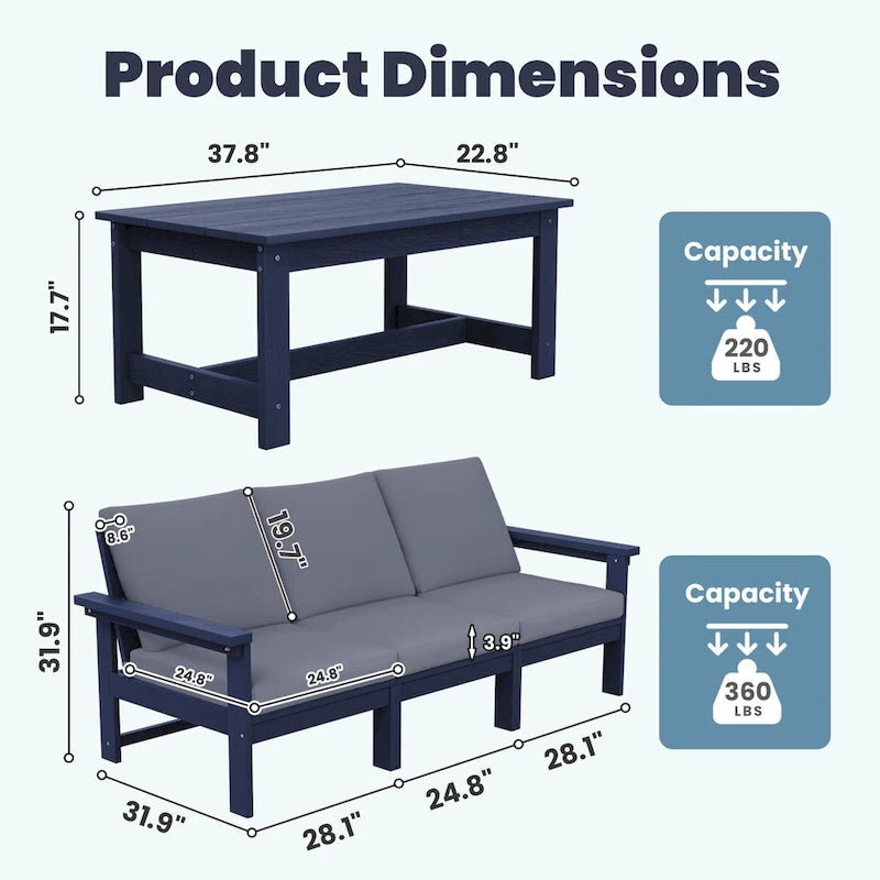 Canapé d'angle et table de jardin en PEHD, coussins déhoussables inclus