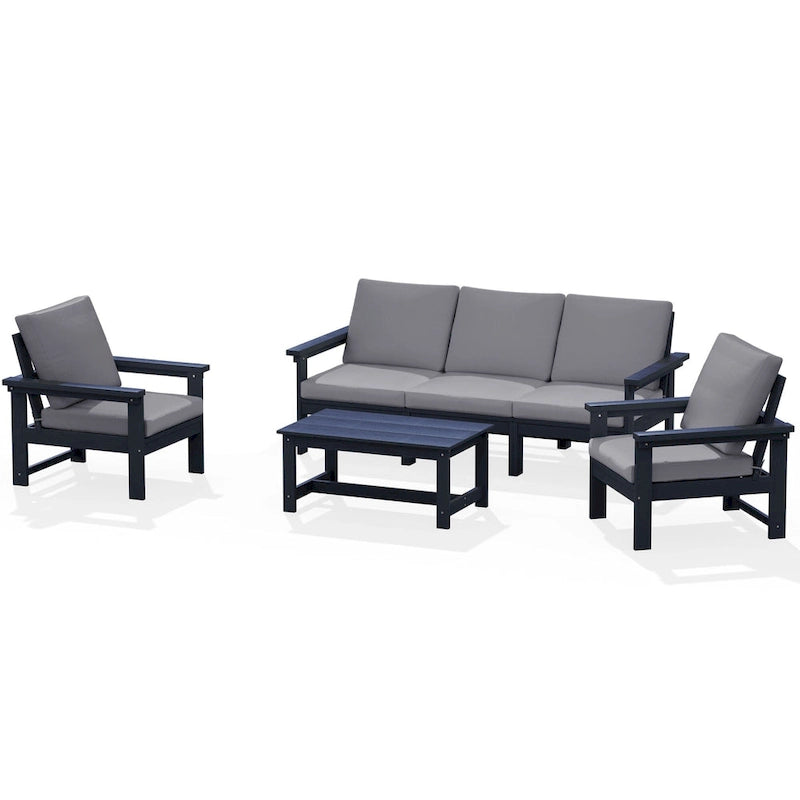 Canapé d'angle et table de jardin en PEHD, coussins déhoussables inclus