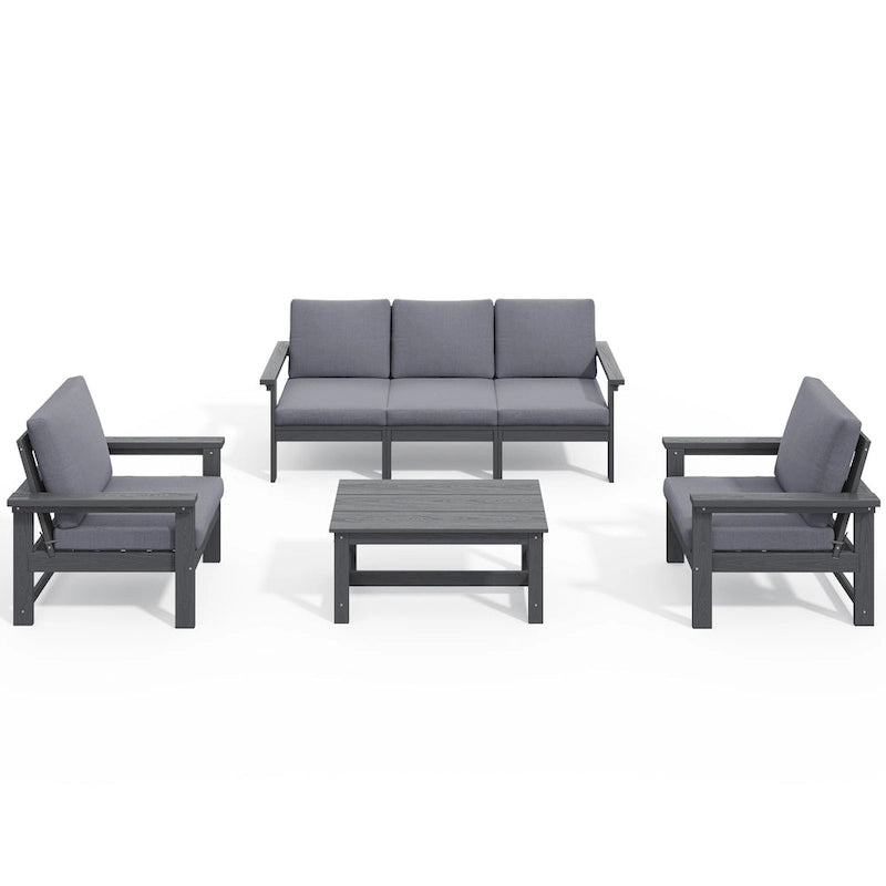 Canapé d'angle et table de jardin en PEHD, coussins déhoussables inclus