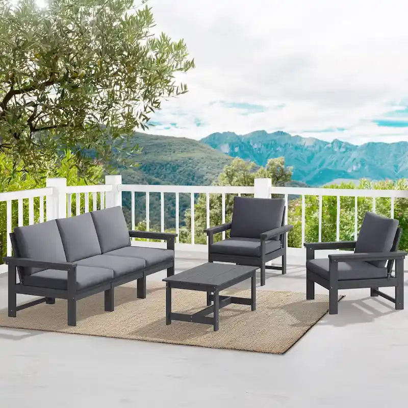 Canapé d'angle et table de jardin en PEHD, coussins déhoussables inclus
