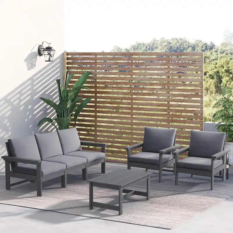 Canapé d'angle et table de jardin en PEHD, coussins déhoussables inclus