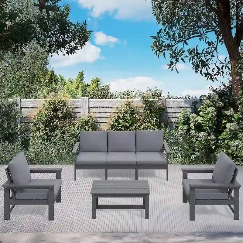Canapé d'angle et table de jardin en PEHD, coussins déhoussables inclus