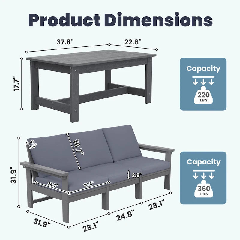 Canapé d'angle et table de jardin en PEHD, coussins déhoussables inclus