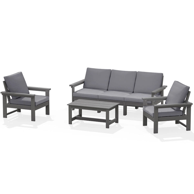 Canapé d'angle et table de jardin en PEHD, coussins déhoussables inclus