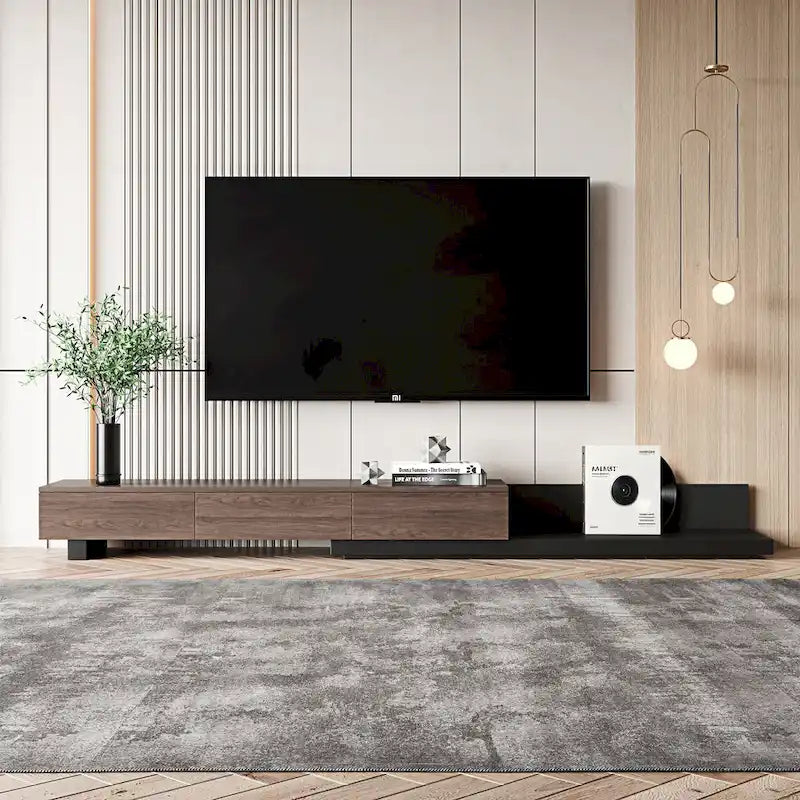 Meuble TV multimédia extensible rétractable à 3 tiroirs, 70-110 cm