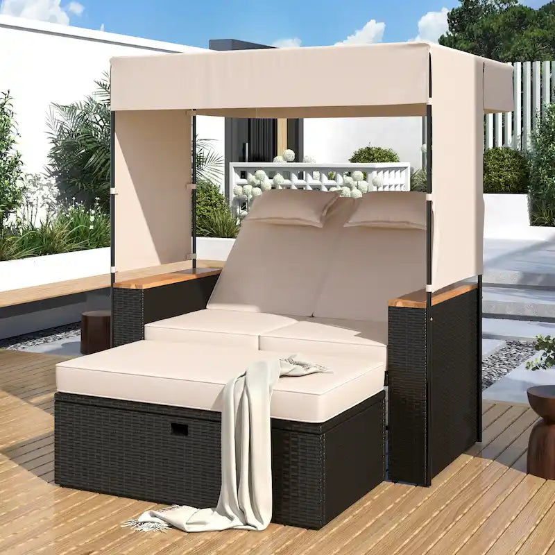Lit de repos extérieur en rotin 2 pièces avec auvent, rangement et dossier inclinable