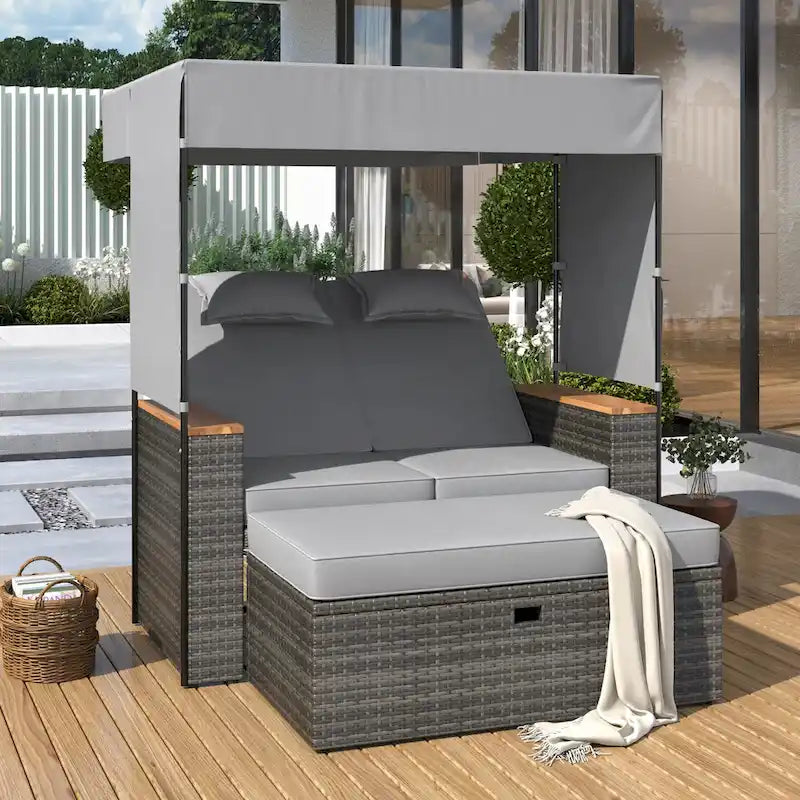Lit de repos extérieur en rotin 2 pièces avec auvent, rangement et dossier inclinable