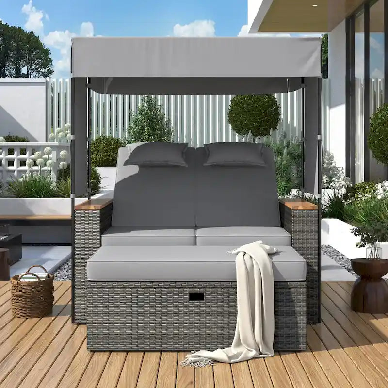 Lit de repos extérieur en rotin 2 pièces avec auvent, rangement et dossier inclinable