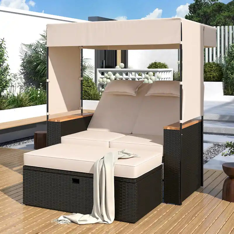 Lit de repos extérieur en rotin 2 pièces avec auvent, rangement et dossier inclinable