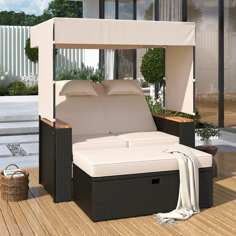 Lit de repos extérieur en rotin 2 pièces avec auvent, rangement et dossier inclinable