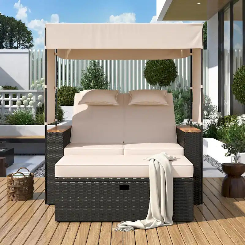 Lit de repos extérieur en rotin 2 pièces avec auvent, rangement et dossier inclinable
