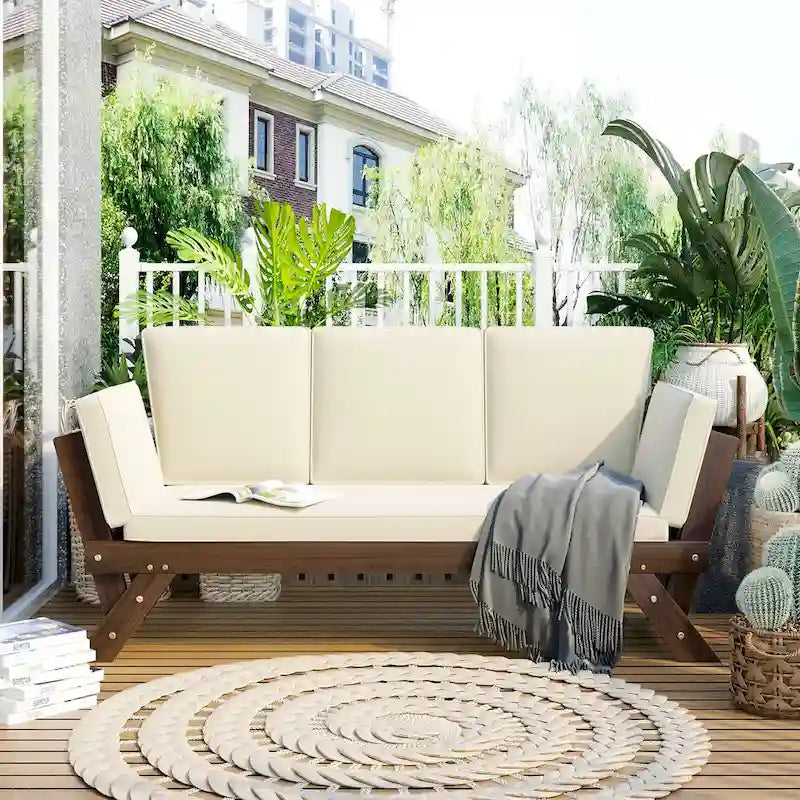 Outdoor Solid Wood Daybed Sofa with Adjustable Armrests