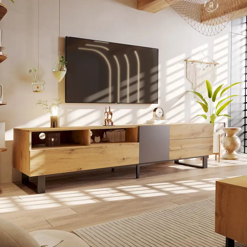Meuble TV Wood+Grey 70 avec double rangement et porte abattante, pour TV jusqu'à 80 pouces