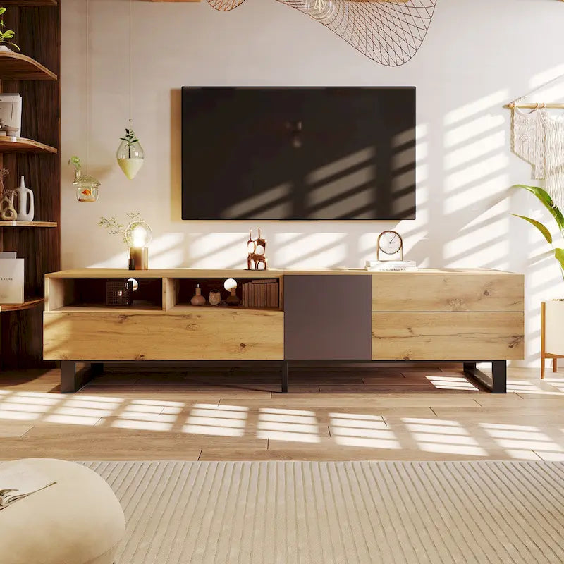 Meuble TV Wood+Grey 70 avec double rangement et porte abattante, pour TV jusqu'à 80 pouces