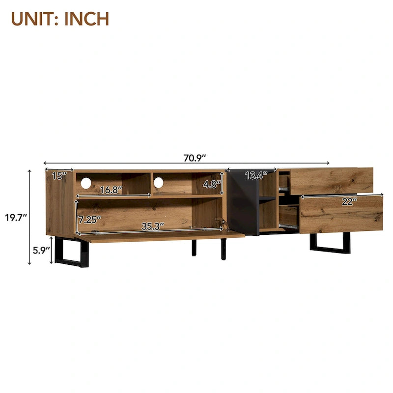 Meuble TV Wood+Grey 70 avec double rangement et porte abattante, pour TV jusqu'à 80 pouces