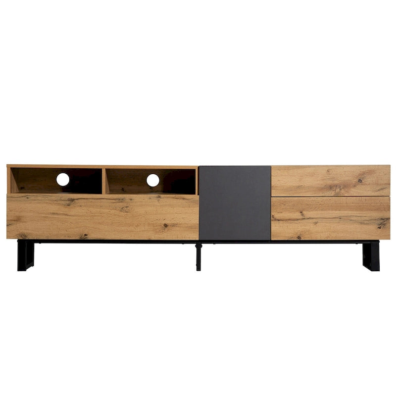 Meuble TV Wood+Grey 70 avec double rangement et porte abattante, pour TV jusqu'à 80 pouces