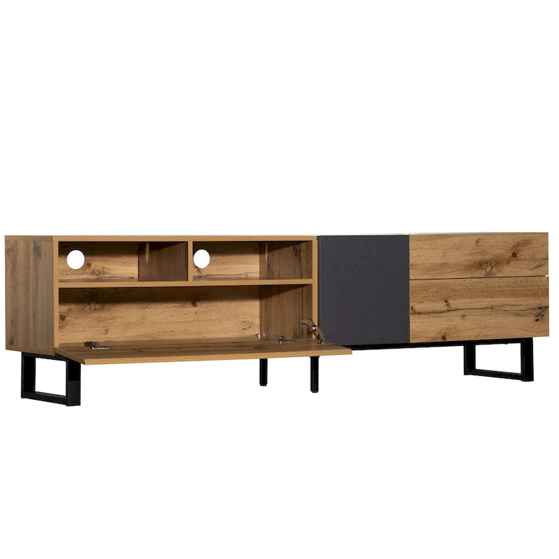 Meuble TV Wood+Grey 70 avec double rangement et porte abattante, pour TV jusqu'à 80 pouces