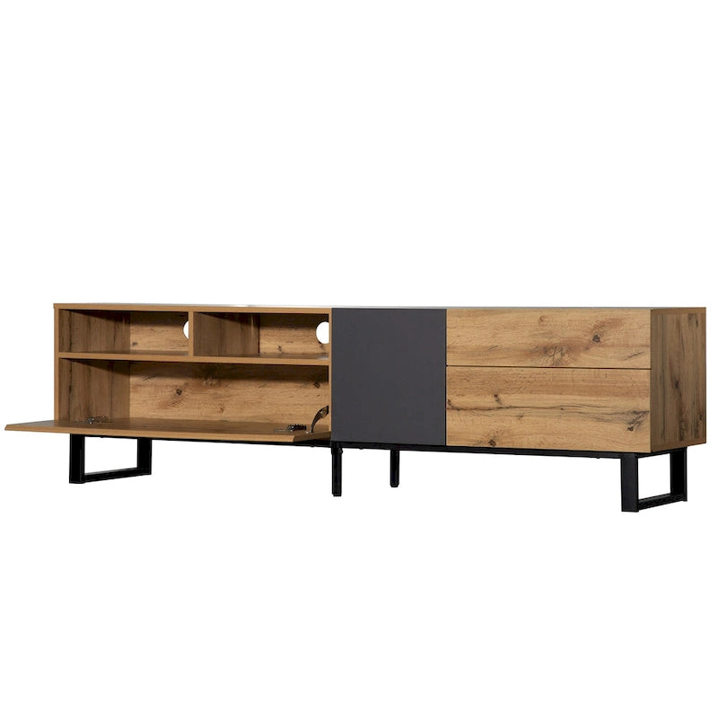 Meuble TV Wood+Grey 70 avec double rangement et porte abattante, pour TV jusqu'à 80 pouces