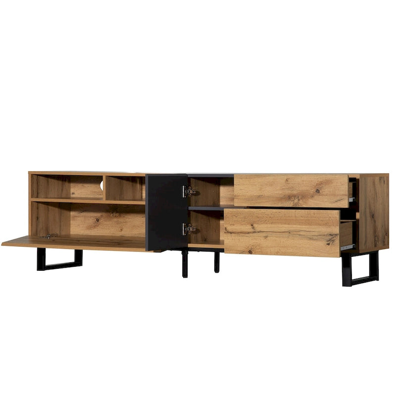 Meuble TV Wood+Grey 70 avec double rangement et porte abattante, pour TV jusqu'à 80 pouces