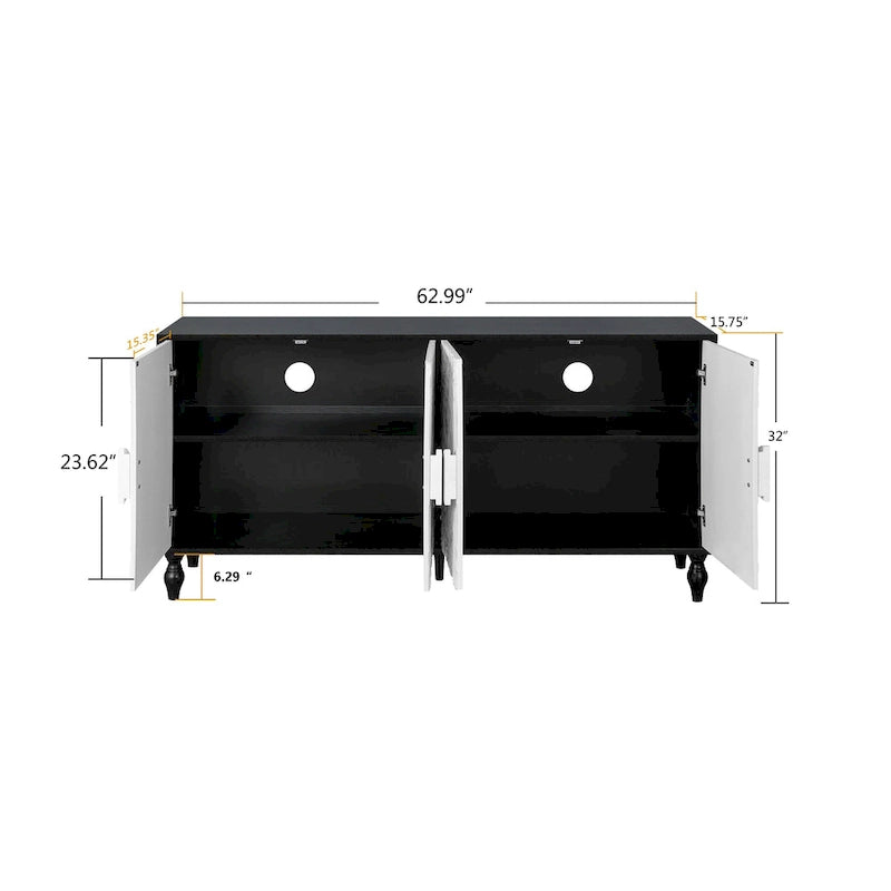 Meuble TV Accent 63 po avec portes sculptées et pieds en bois pour salon