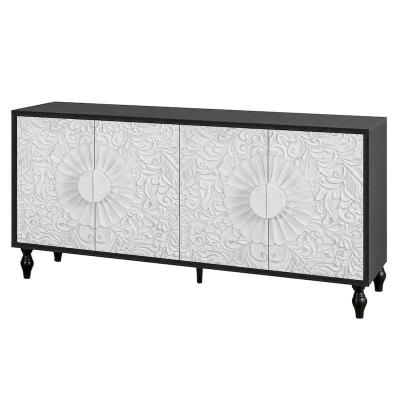 Meuble TV Accent 63 po avec portes sculptées et pieds en bois pour salon