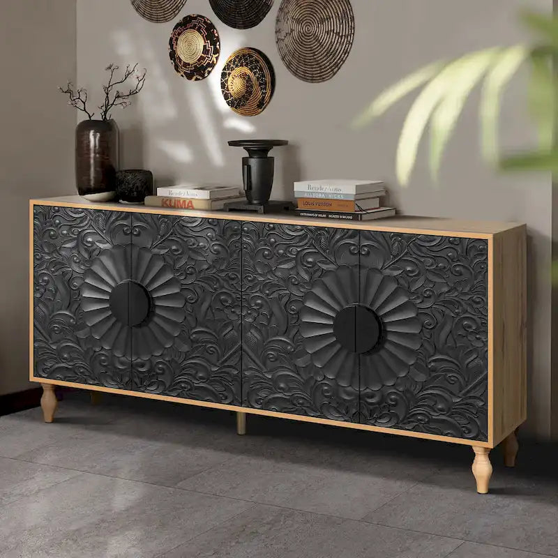 Meuble TV Accent 63 po avec portes sculptées et pieds en bois pour salon