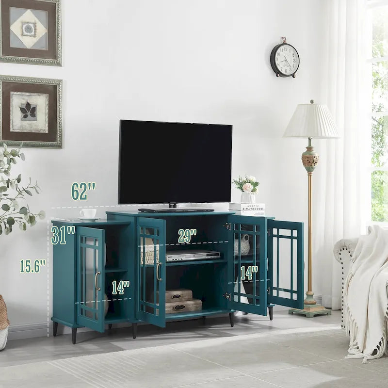 Meuble TV 62 po bleu sarcelle avec portes et étagères en verre pour salon