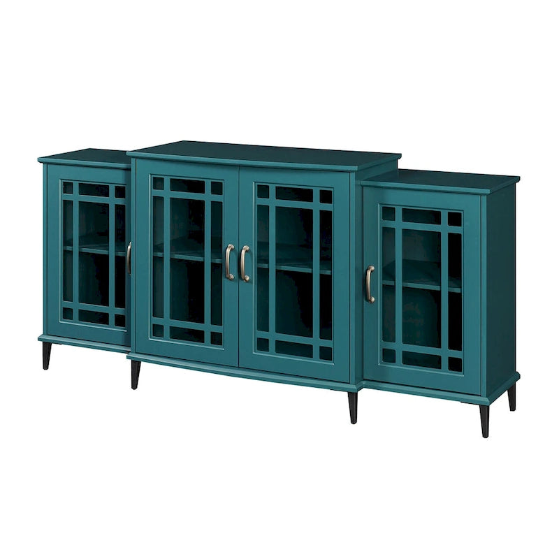 Meuble TV 62 po bleu sarcelle avec portes et étagères en verre pour salon