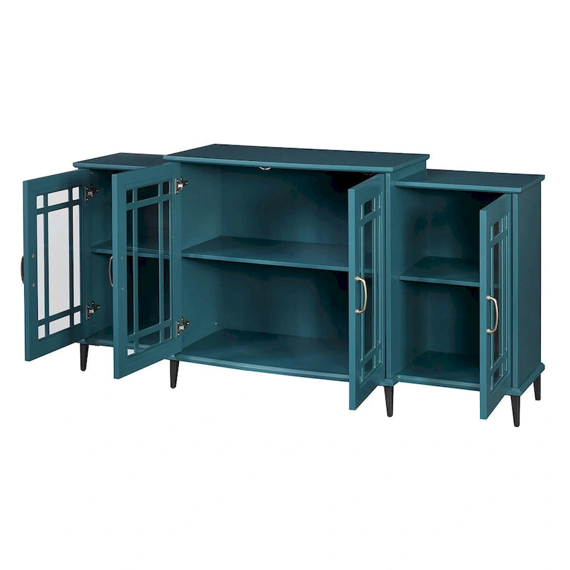 Meuble TV 62 po bleu sarcelle avec portes et étagères en verre pour salon