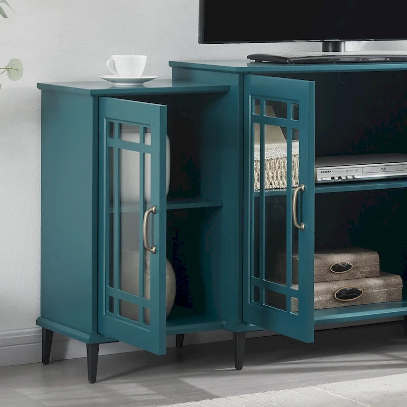 Meuble TV 62 po bleu sarcelle avec portes et étagères en verre pour salon