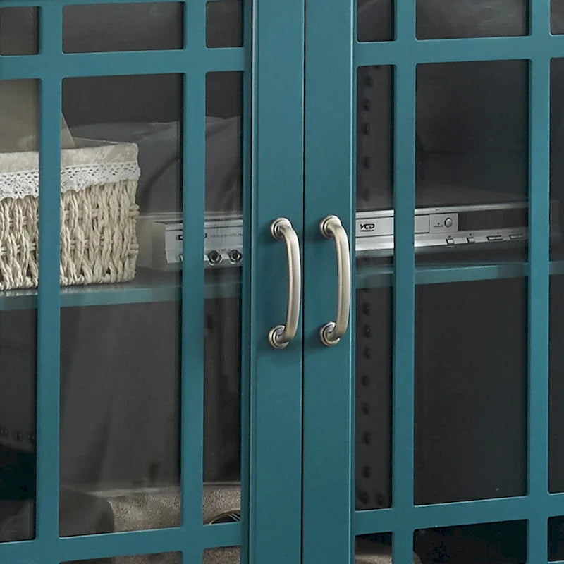 Meuble TV 62 po bleu sarcelle avec portes et étagères en verre pour salon