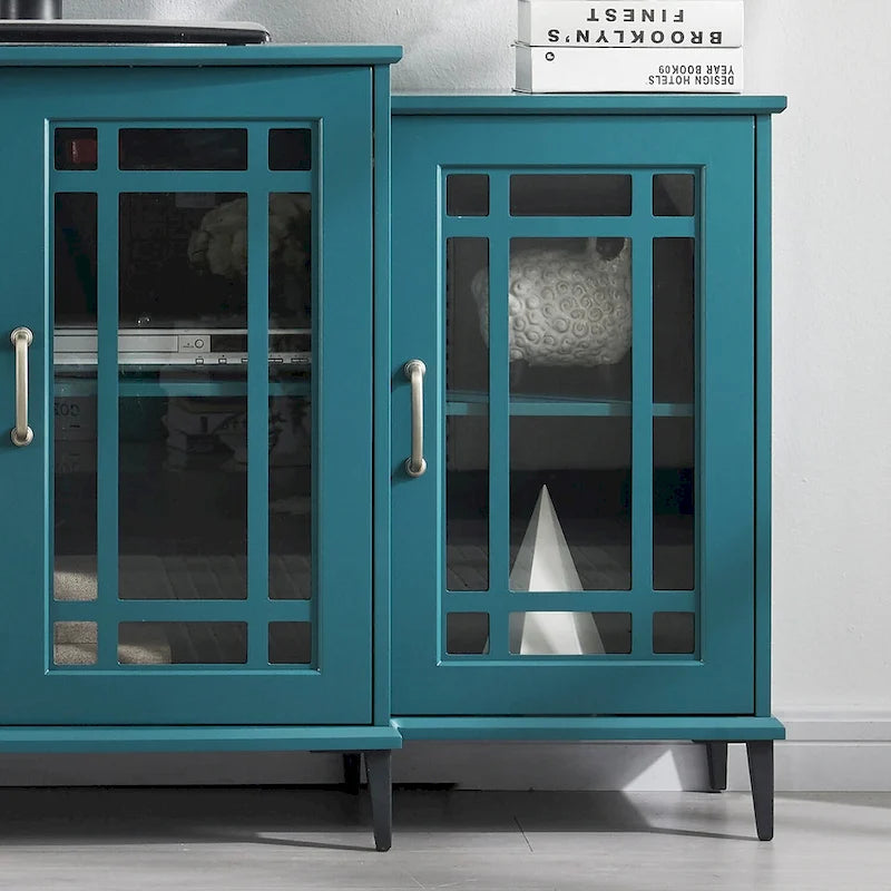 Meuble TV 62 po bleu sarcelle avec portes et étagères en verre pour salon