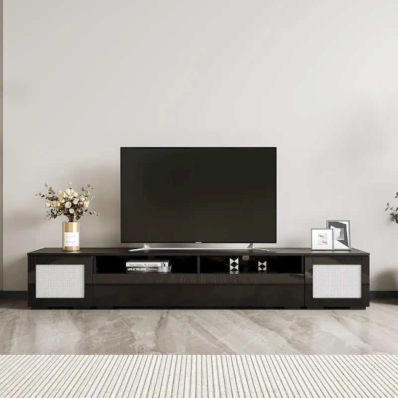 Meuble TV noir 82" avec portes à ouverture par pression et LED pour TV jusqu'à 90"