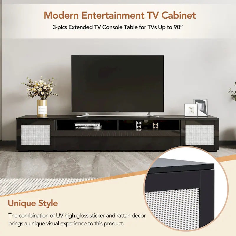 Meuble TV noir 82" avec portes à ouverture par pression et LED pour TV jusqu'à 90"