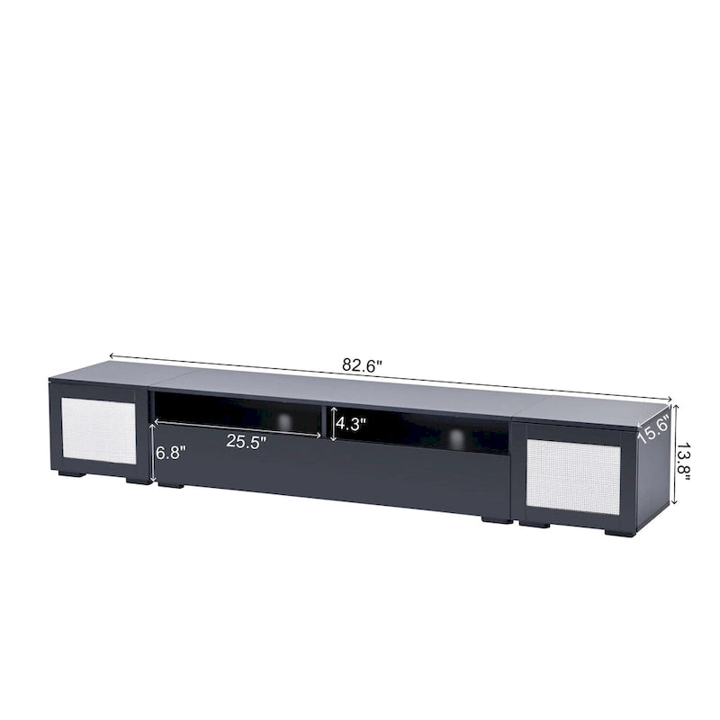 Meuble TV noir 82" avec portes à ouverture par pression et LED pour TV jusqu'à 90"