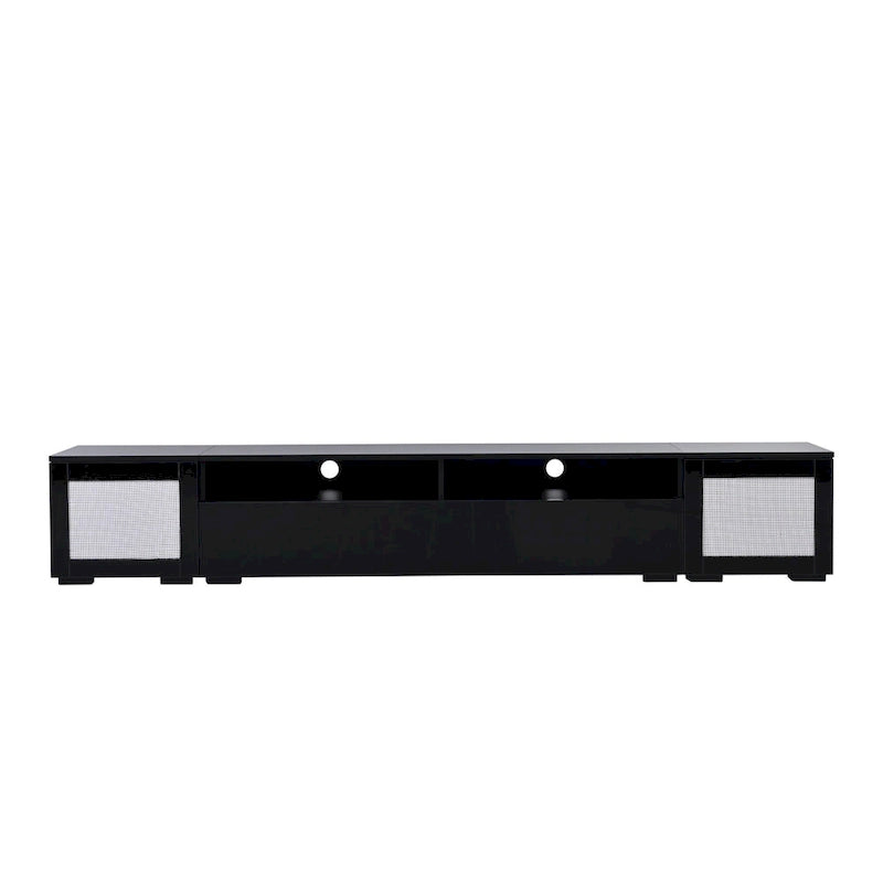 Meuble TV noir 82" avec portes à ouverture par pression et LED pour TV jusqu'à 90"