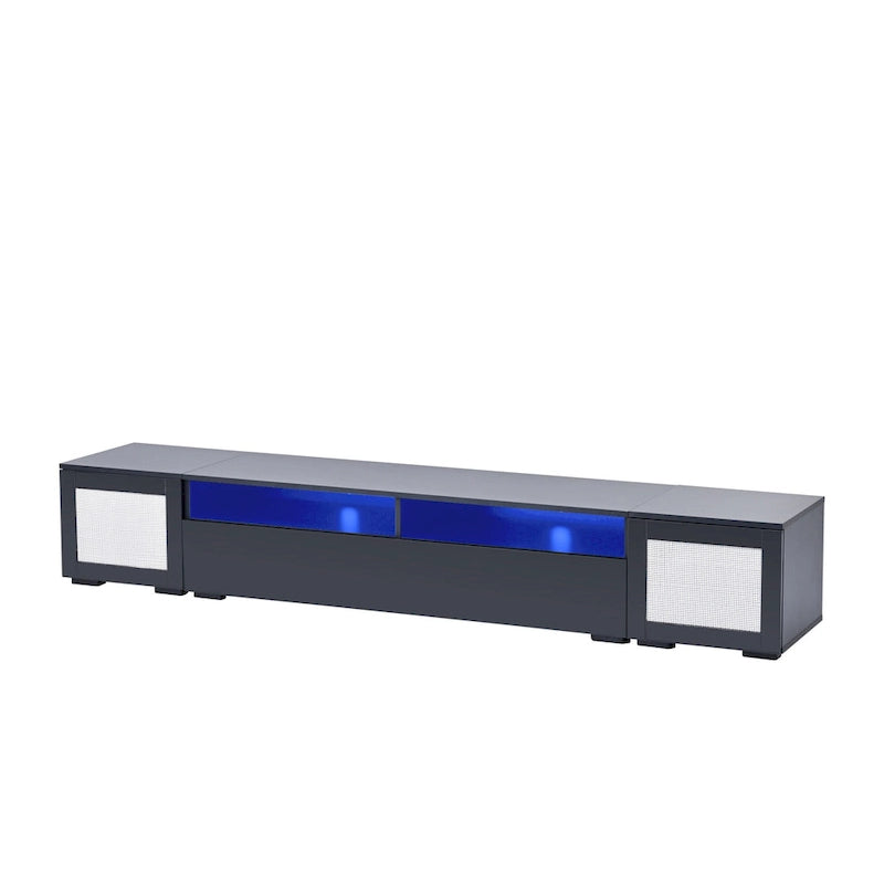 Meuble TV noir 82" avec portes à ouverture par pression et LED pour TV jusqu'à 90"