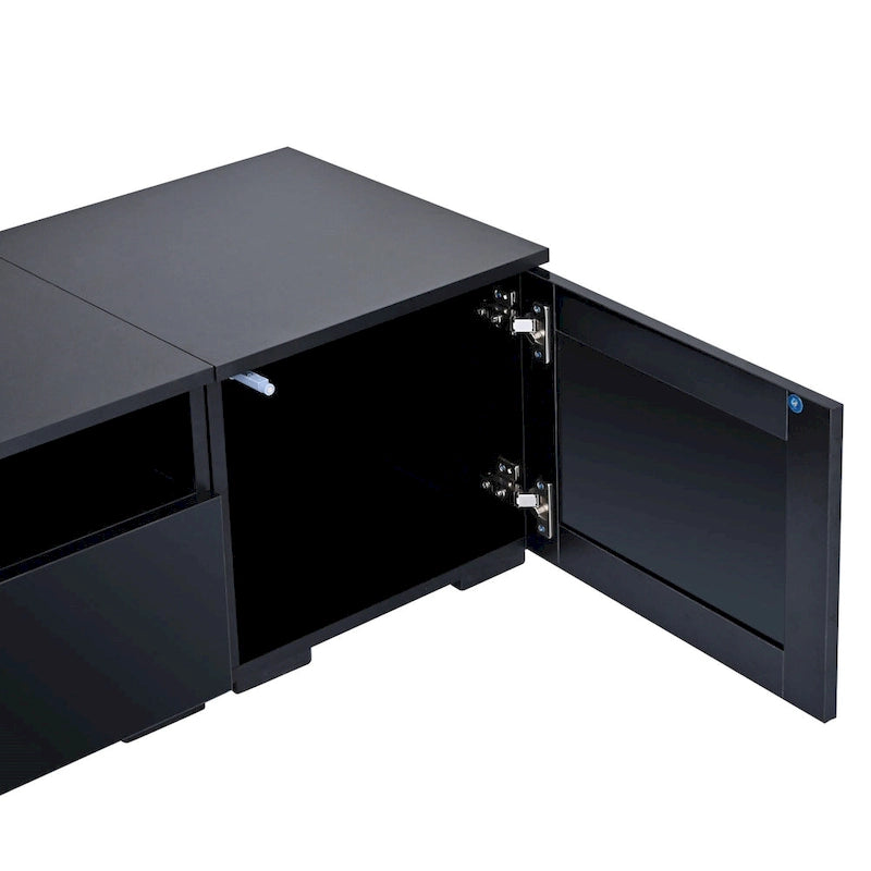 Meuble TV noir 82" avec portes à ouverture par pression et LED pour TV jusqu'à 90"