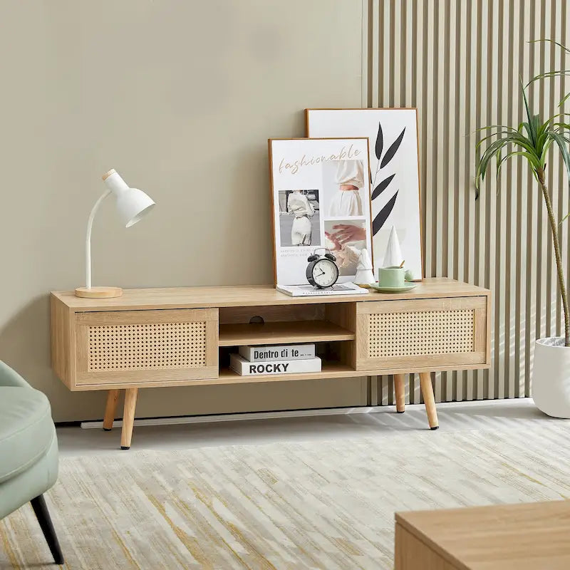 Meuble TV de 55,12 po avec portes coulissantes doubles, pieds en bois massif et étagère réglable pour salon