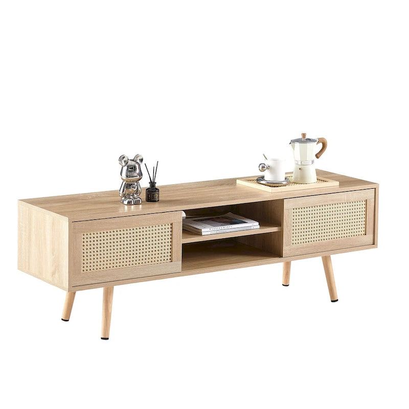 Meuble TV de 55,12 po avec portes coulissantes doubles, pieds en bois massif et étagère réglable pour salon