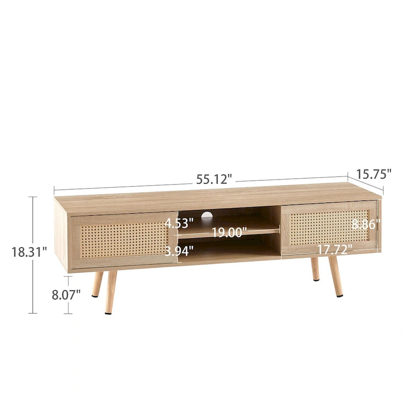 Meuble TV de 55,12 po avec portes coulissantes doubles, pieds en bois massif et étagère réglable pour salon