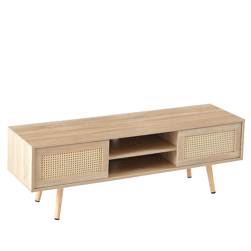 Meuble TV de 55,12 po avec portes coulissantes doubles, pieds en bois massif et étagère réglable pour salon