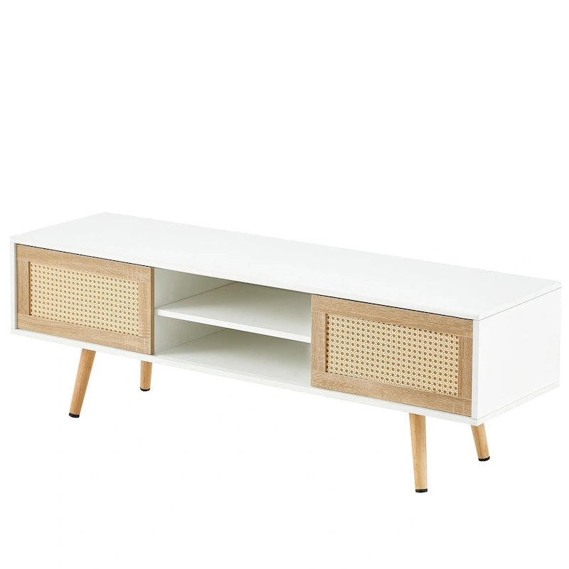 Meuble TV de 55,12 po avec portes coulissantes doubles, pieds en bois massif et étagère réglable pour salon