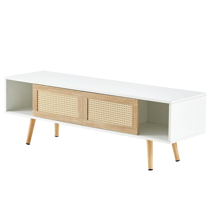 Meuble TV de 55,12 po avec portes coulissantes doubles, pieds en bois massif et étagère réglable pour salon