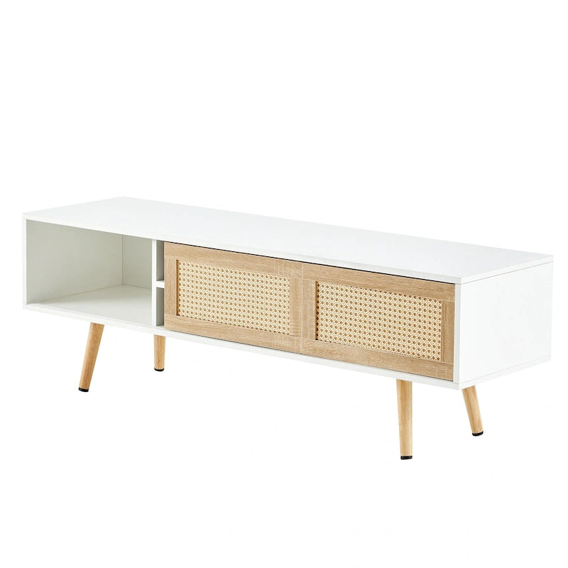 Meuble TV de 55,12 po avec portes coulissantes doubles, pieds en bois massif et étagère réglable pour salon