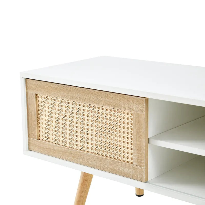 Meuble TV de 55,12 po avec portes coulissantes doubles, pieds en bois massif et étagère réglable pour salon