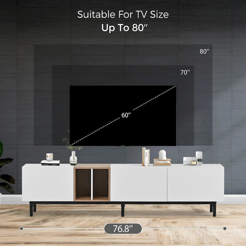 Meuble TV 193 cm avec portes et grand rangement pour TV jusqu'à 80 pouces