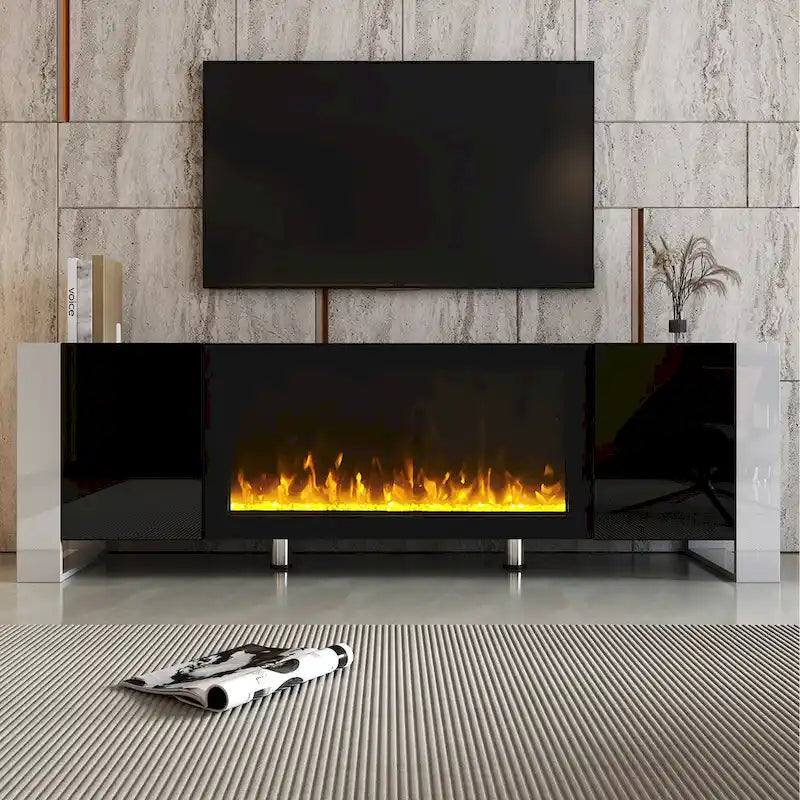 Meuble TV moderne de 68,1 po avec foyer et 2 grands placards pour téléviseurs jusqu'à 78 po