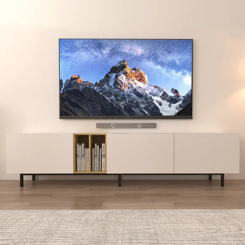 Meuble TV blanc 77" avec grand rangement et prise intégrée pour téléviseurs jusqu'à 70"